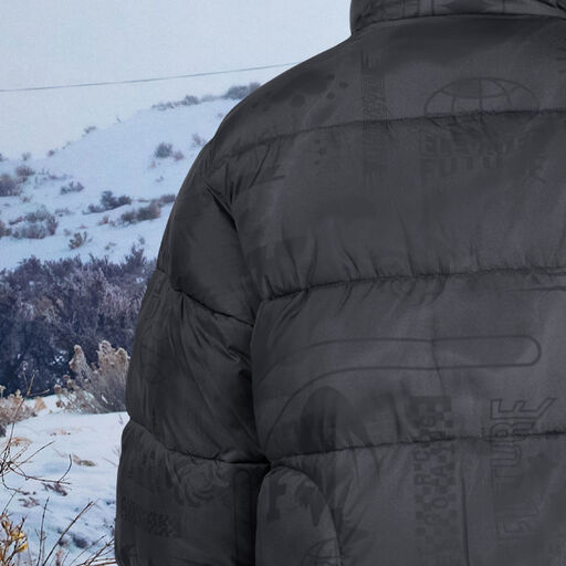 Another Model, showing the back left of the Ridgeway Printed Jacket