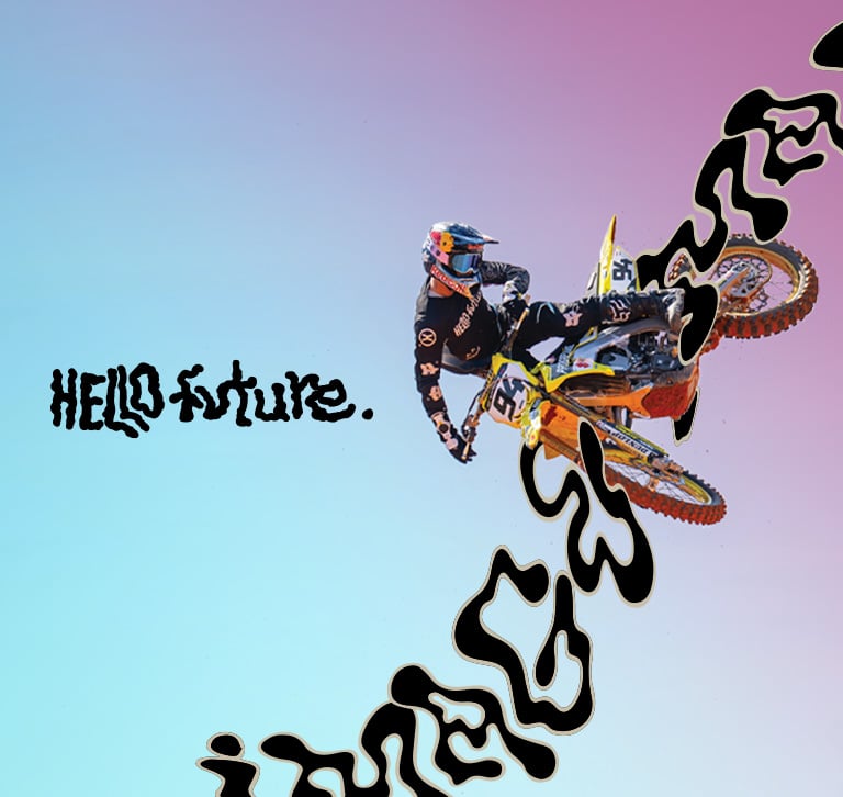 Person in the air in a moto with Hello Future gear.